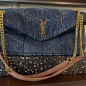 Denim Quilted Shoulder Bag with Gold Hardware